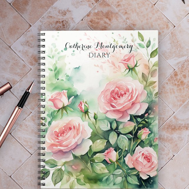 Carnet Elégante aquarelle rose Roses avec Feuilles verts (Créateur téléchargé)