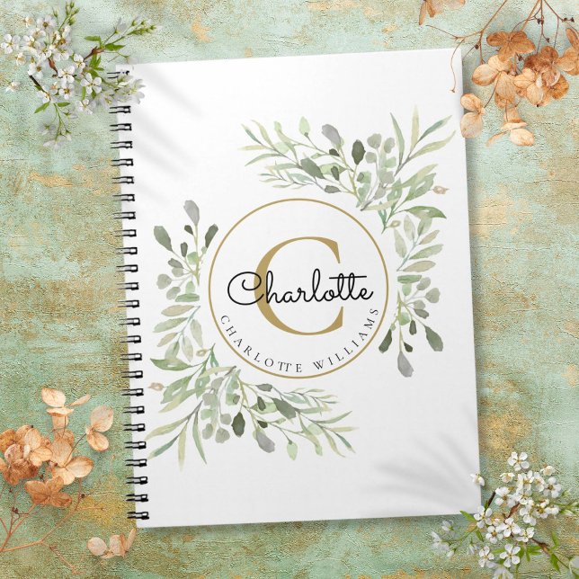 Carnet Elégante aquarelle Verdure Monogramme Nom (Elegant Watercolor Greenery Monogram Name Notebook)