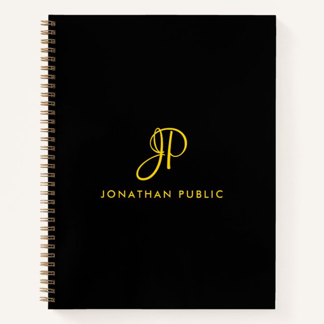 Carnet Élégante calligraphie Monogramme Or & Black Spiral (Devant)