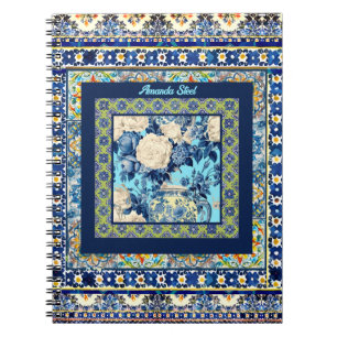 Carnet Élégante chinoiserie de tuile bleu floral monogram