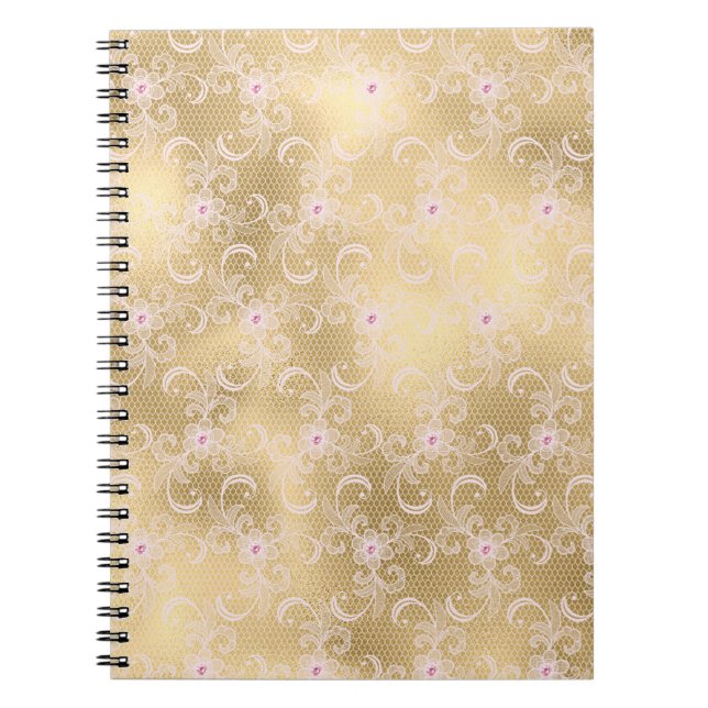 Carnet Elégante dentelle florale rose et or (Devant)