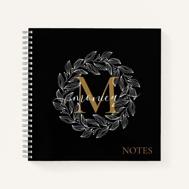 Carnet Élégante Fille Noire Florale Or Monogramme Nom (Devant)