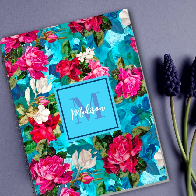 Carnet Élégante fleurs rose fleurie bleu motif (Créateur téléchargé)