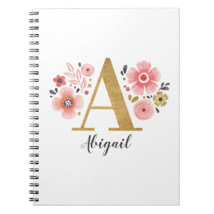 Carnet Élégante Lettre florale Monogramme rose blanc A