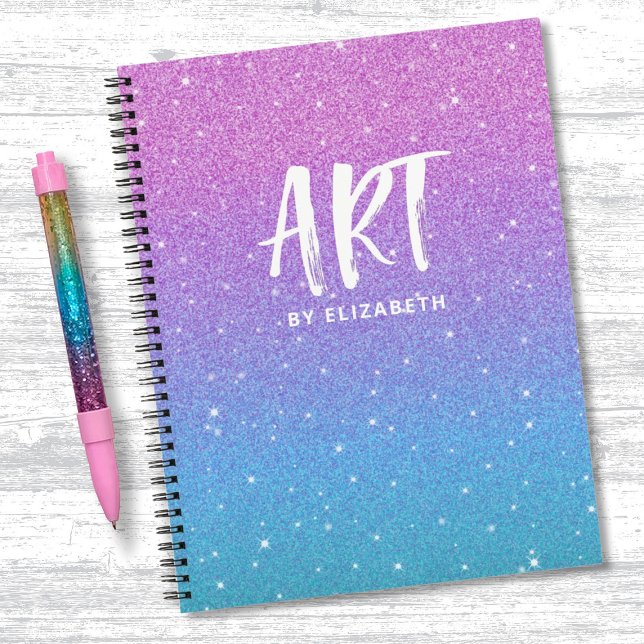 Carnet Elégante Parties scintillant Purple Blue Ombre Ske (A cute purple and blue glitter sketchbook with the word ART. Personalize it with your name.)