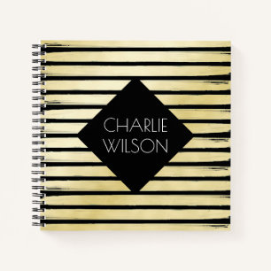 Carnet Elégante peinture en feuille d'or noir rayé avec c