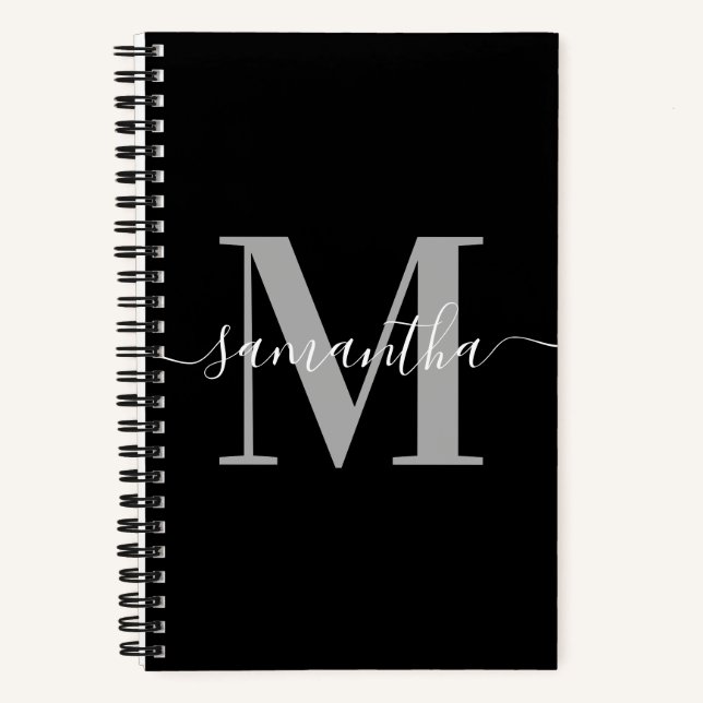 Carnet Élégante Signature Gris Moderne Monogramme Noir (Recto)
