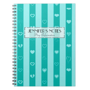 Carnet Élégantes rayures de turquoise motif cœur moderne