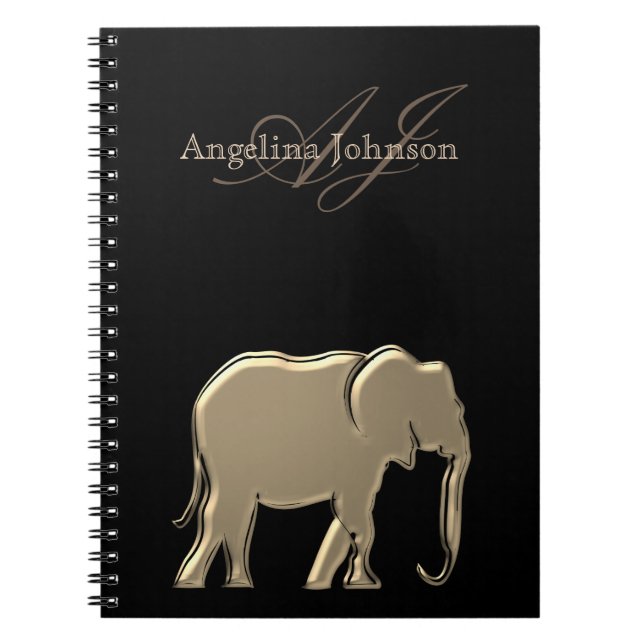 Carnet Eléphant à huile noire et or moderne Monogramme (Devant)