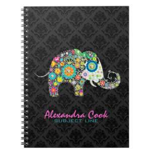 Carnet Eléphant floral coloré noir Damas