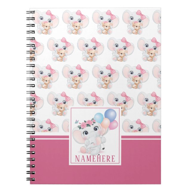 Carnet Éléphant Rose Féminin avec Nœud et Motif de Ballon (Devant)