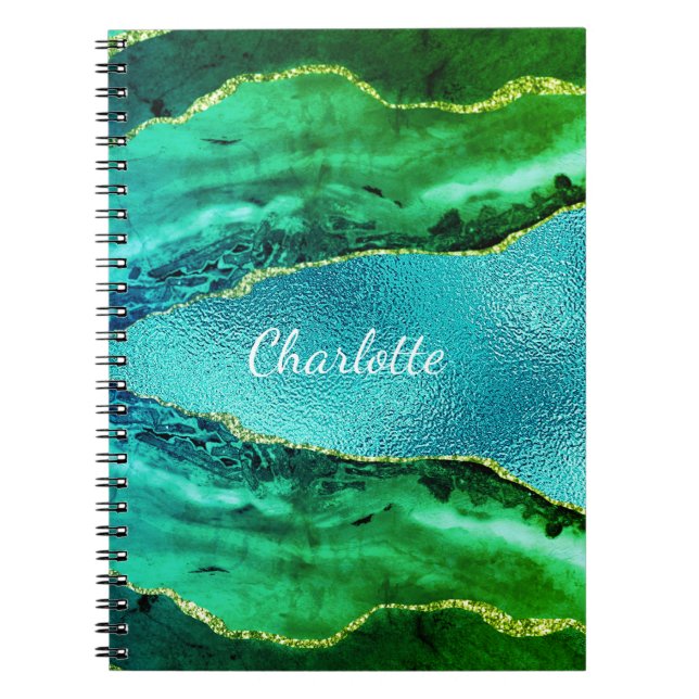 Carnet Émeraude vert bleu agate nom de marbre (Devant)
