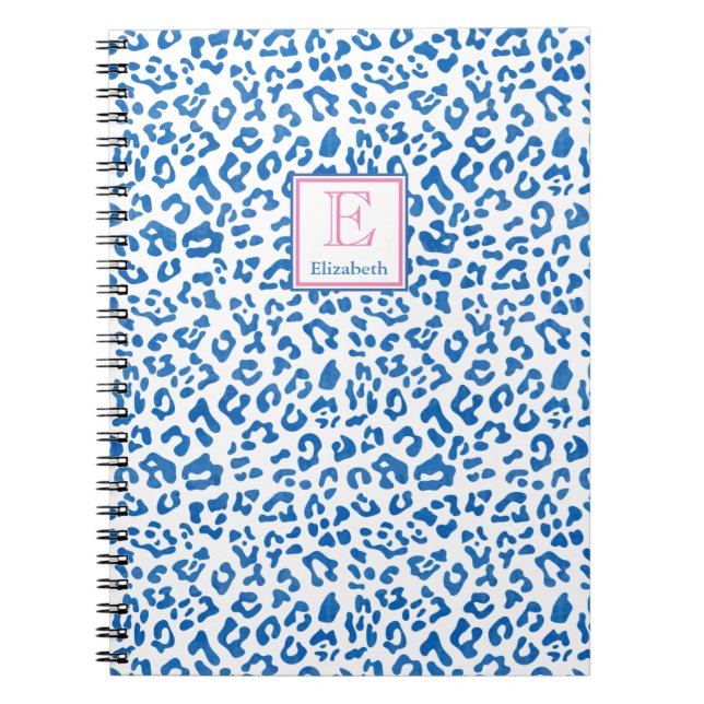 Carnet Empreinte de léopard bleu et blanc Preppy Monogram (Devant)