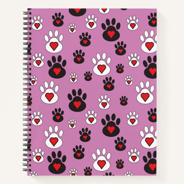 Carnet Empreintes de pattes aux coeurs rouges sur rose (Devant)