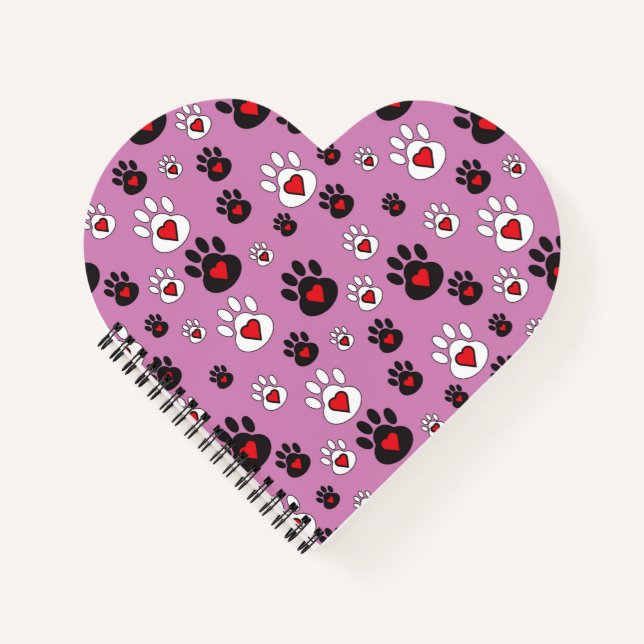 Carnet Empreintes de pattes aux coeurs rouges sur rose (Devant)