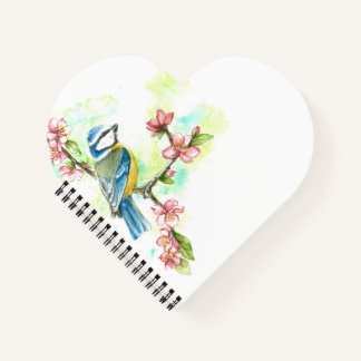 Carnet en forme de coeur avec Aquarelle bleu Tit