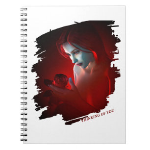 Carnet En pensant à vous. Belle femme tenant une rose