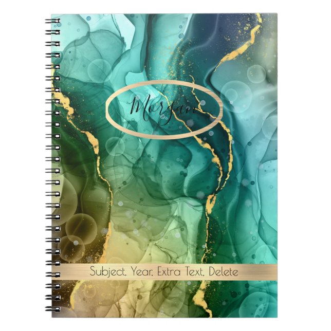 Carnet Encre turquoise et or Abstraite, nom/sujet (Devant)
