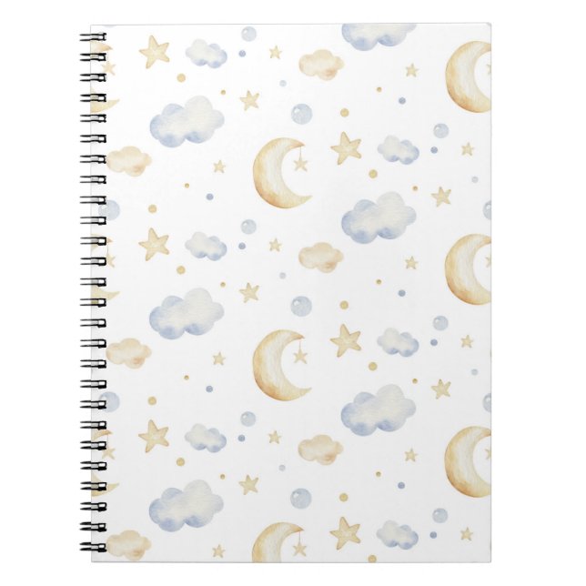 Carnet Etoiles de lune d'aquarelle et Motif de nuage (Devant)