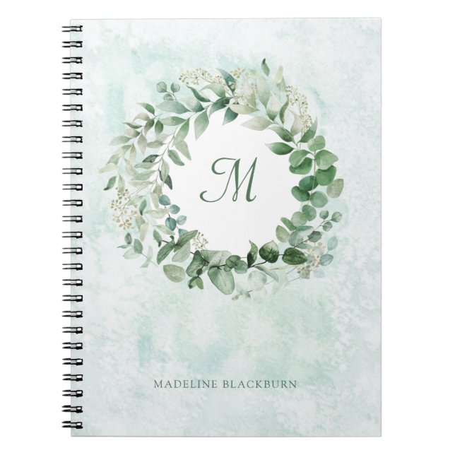 Carnet Eucalyptus délicat | Élégant monogramme aquarelle (Devant)