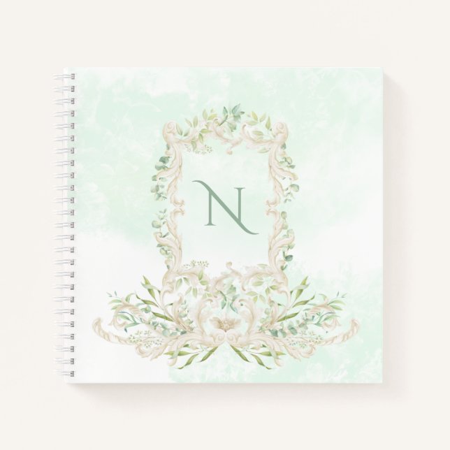 Carnet Eucalyptus Élégant Monogramme Cadre Vert ivoire (Devant)