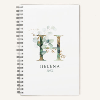 Carnet Eucalyptus Gold Monogramme H Floral initial