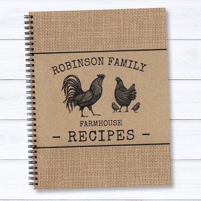 Carnet Famille Agritourisme Coq Hen Burlap Kraft Recette (Several sizes and inside page designs to choose from)