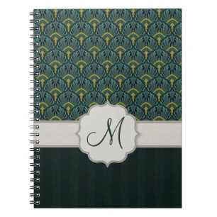 Carnet Fans turquoises et rayures de paon avec le monogra