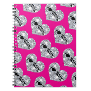 Carnet Fantaisie diamant J'aime bling design sur rose cha