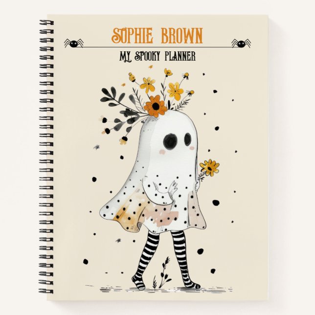 Carnet Fantôme avec tournesol et nom Halloween lunatique (Devant)