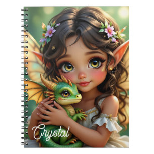 Carnet Fée Elfe aux Yeux Marrons et Dragon Personnalisé