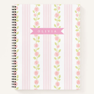 Carnet Féminine rose personnalisée à rayures florales coq