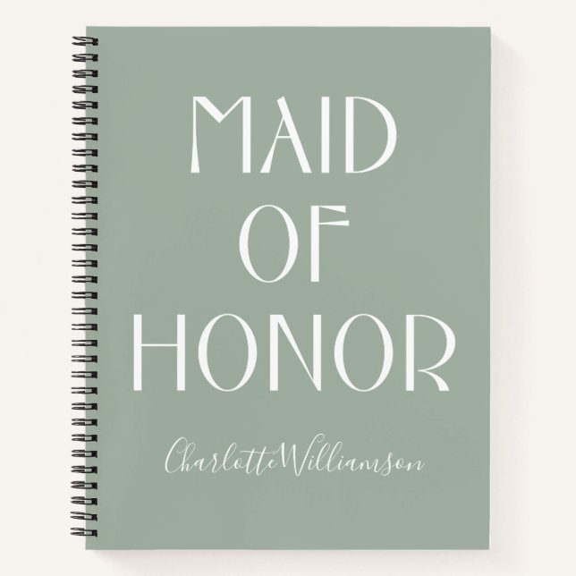 Carnet Femme d'honneur Sage Green Typographie Nom Mariage (Devant)