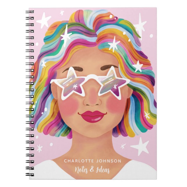 Carnet Femme Fille Arc-en-Ciel Personnalisée Illustrée Mi (Devant)