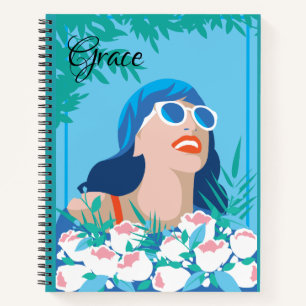 Carnet Femme rétro avec fleurs et soleil