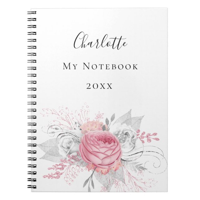 Carnet Feuillage rose floral argenté nom blanc élégant (Devant)