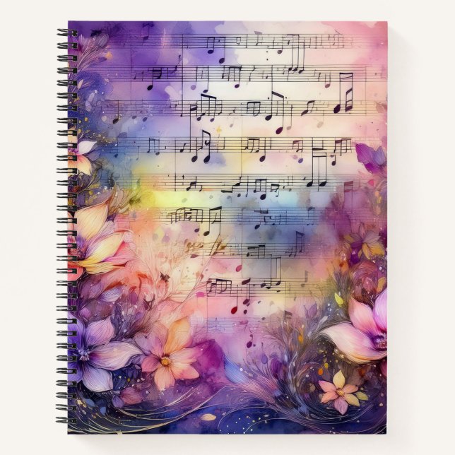 CARNET FEUILLE D'EAU MUSIQUE AVEC FLEURS COLORÉES (Devant)