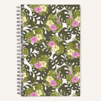 Carnet Feuilles de jungle tropicale et motif d'hibiscus
