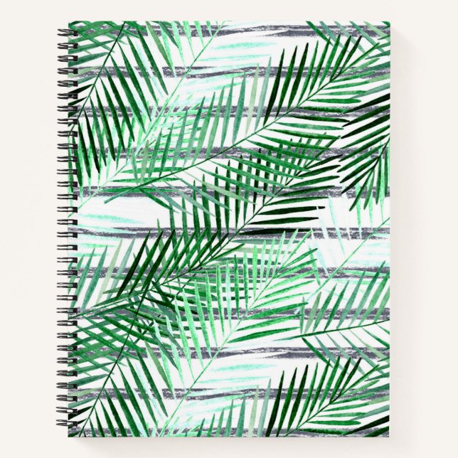 Carnet Feuilles de palme sur fond rayé noir et blanc (Devant)