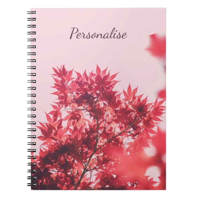 Carnet Feuilles d'érable rouge sur rose Personnalisé (Devant)