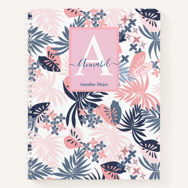 Carnet Feuilles tropicaux Blush rose & marine Monogramme (Devant)