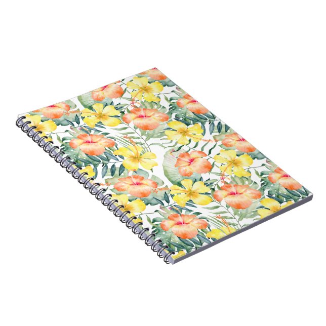 Carnet Feuilles tropicaux Pêchent Hibiscus jaune Floral (Côté Droit)