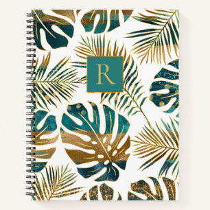 Carnet feuilles tropicaux turquoises et dorés, monogramme
