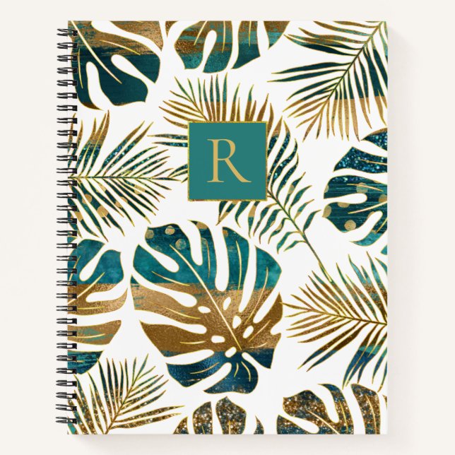 Carnet feuilles tropicaux turquoises et dorés, monogramme (Devant)