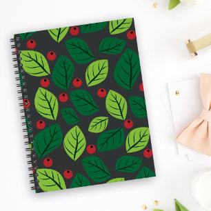 Carnet Feuilles Vertes, Baies Rouges, Motif De Feuilles