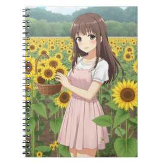 Carnet Fille Anime Kawaii dans un Jardin de Tournesols