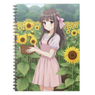 Carnet Fille Anime Kawaii dans un jardin de tournesols