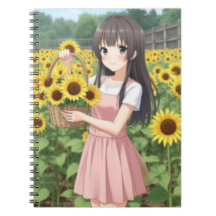 Carnet Fille Anime Kawaii dans un Jardin de Tournesols