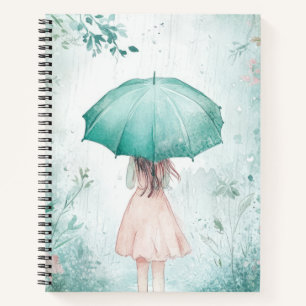 Carnet Fille au parapluie sarcelle Jardin pluvieux
