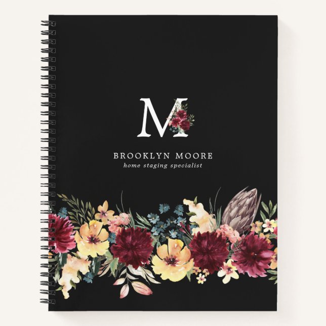 Carnet Fille Bourgogne Floral Aquarelle Boho Monogramme (Devant)